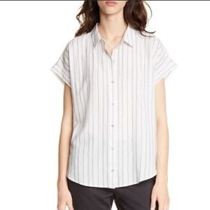 Eileen Fisher Organic Cotton Tencel Classic Collar Crepe Stripe Shirt Med